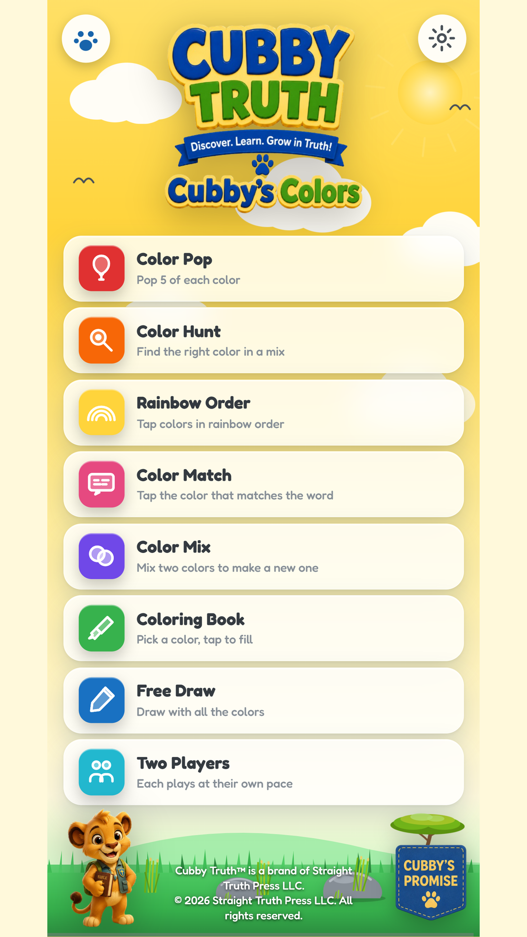 Cubby's Colors game menu showing eight game modes