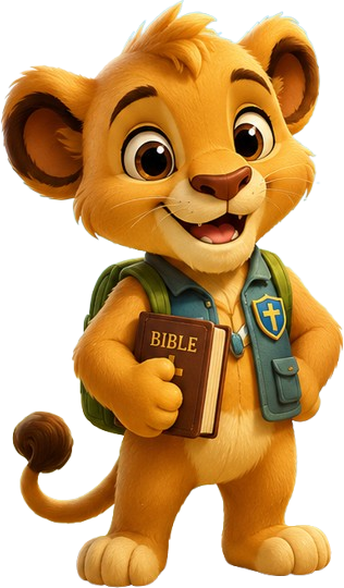 Cubby the lion holding a Bible