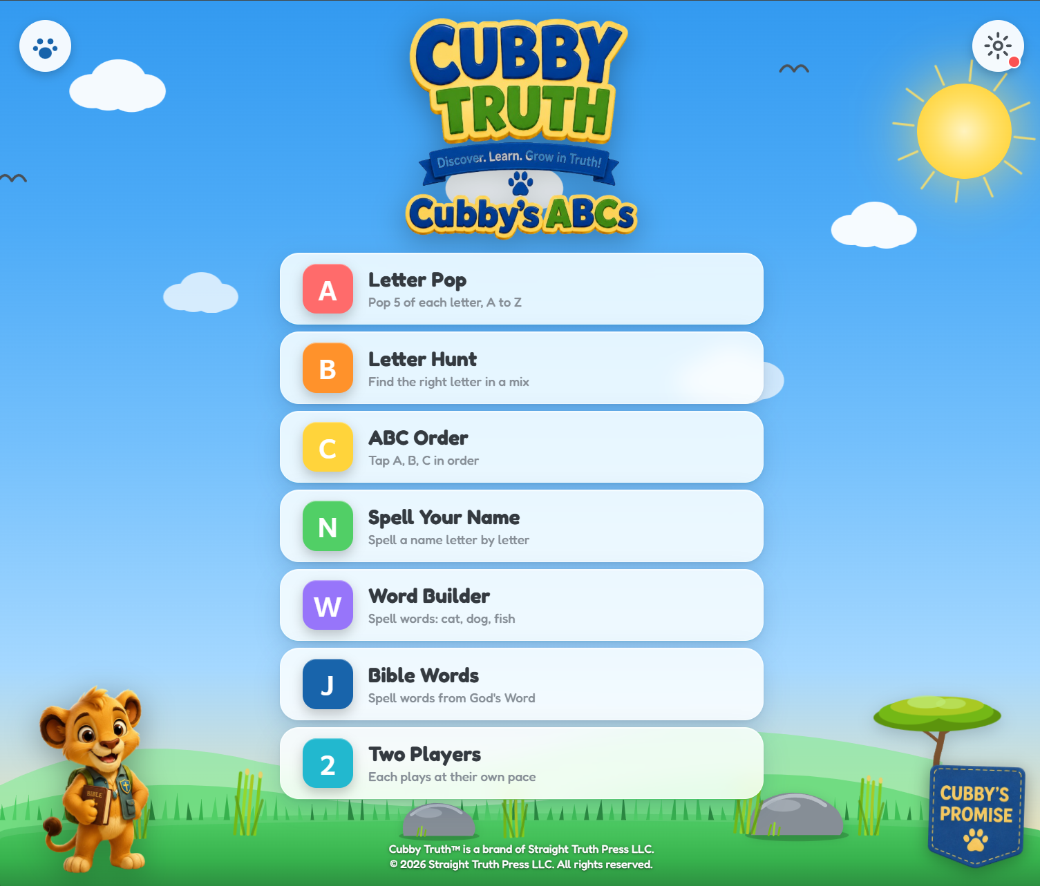 Cubby's ABCs game menu showing seven game modes