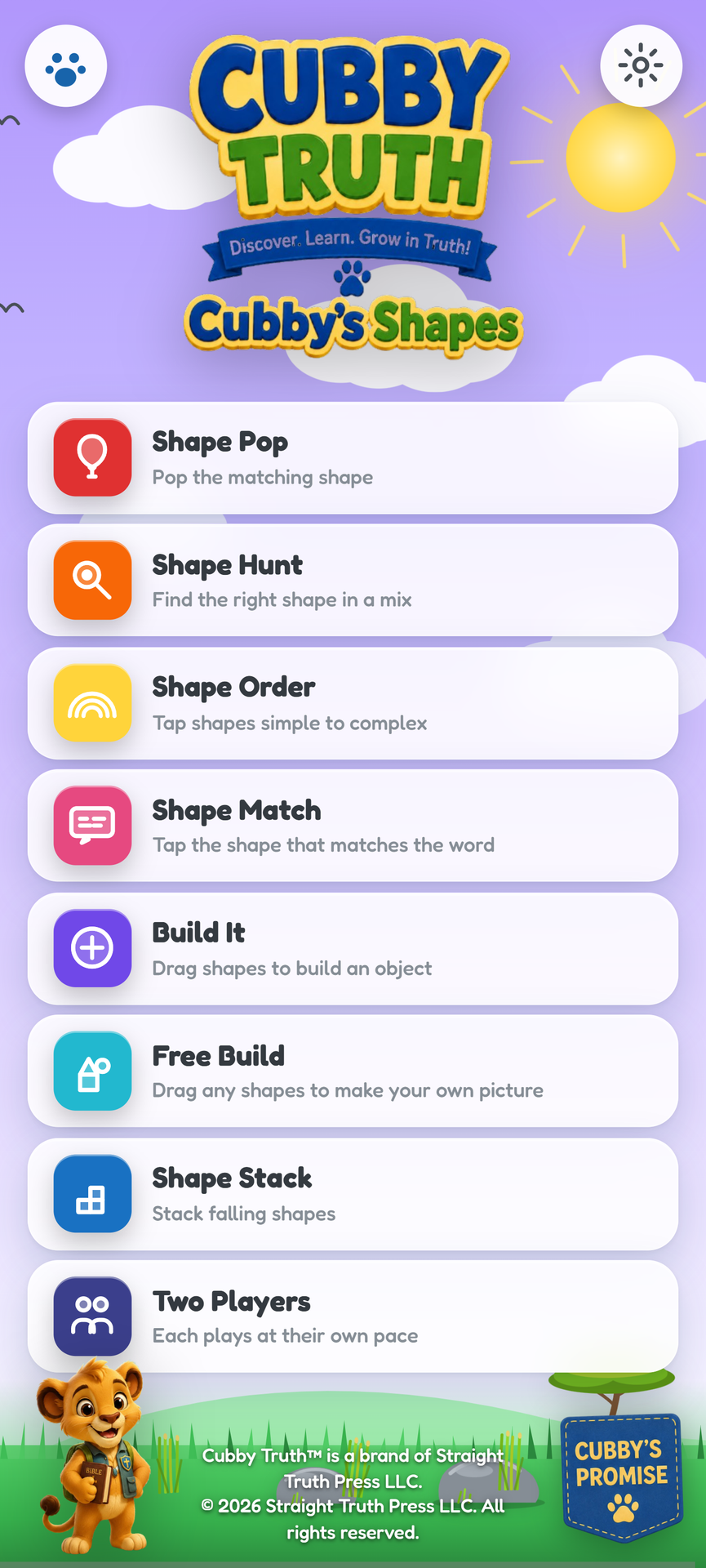 Cubby's Shapes game menu showing eight game modes